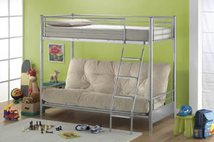 This photo shows a typical futon bunk bed in a childs bedroom. A comfortable seating area is available underneath the top bunk, which can be converted into a bed also. The manufacturer of this bed is Joseph