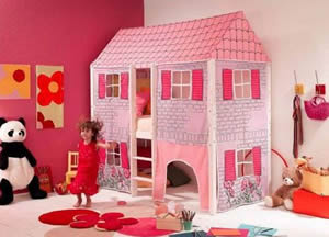 This wendy house is actually a girls themed bed for kids made from solid scandinavian pine frame with a plastic tent over the cabin bed area. Perfect for girls bedrooms